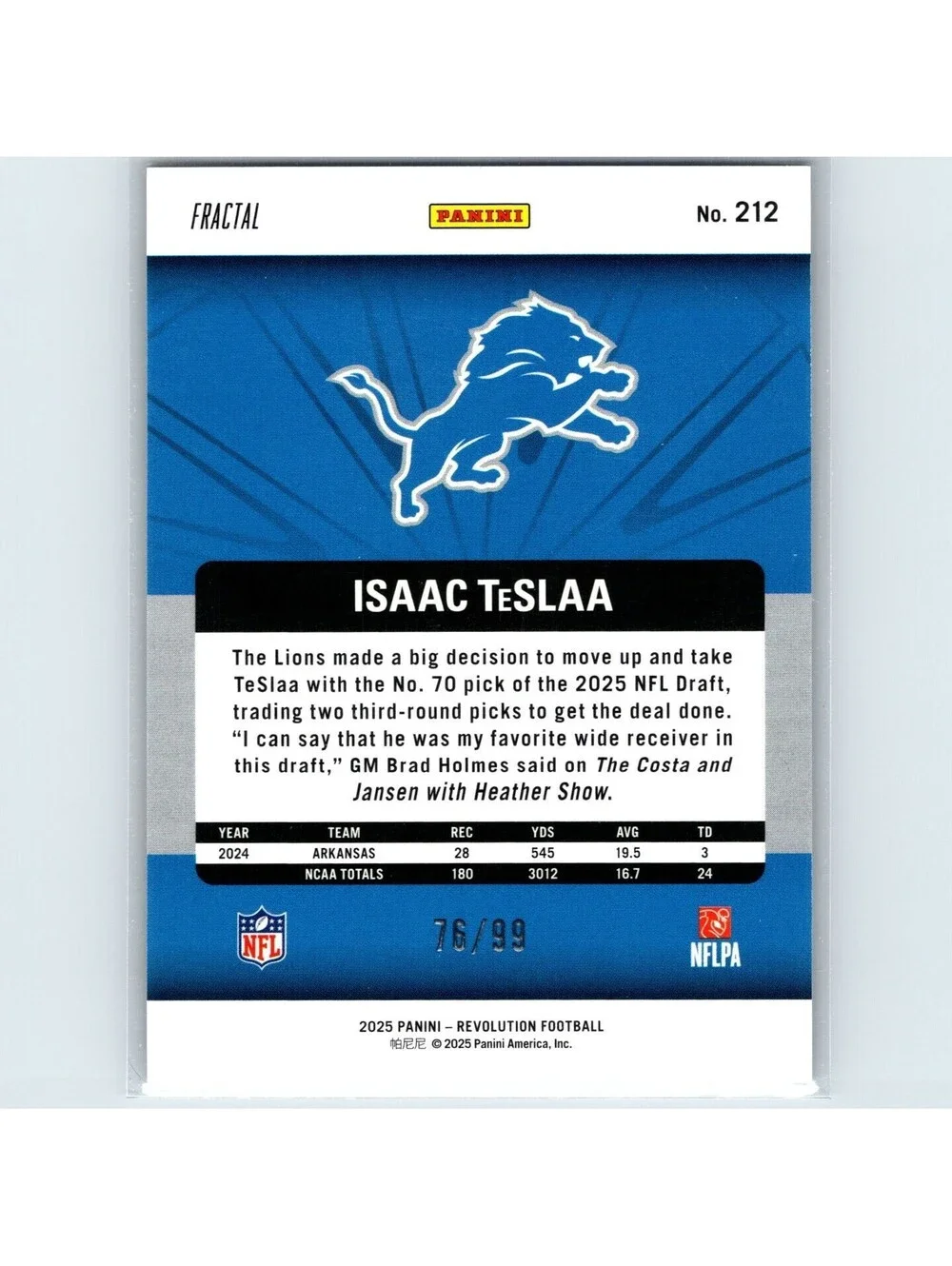 2025 Panini Revolution Football - Isaac Teslaa #212 - Fractal /99 - Lions